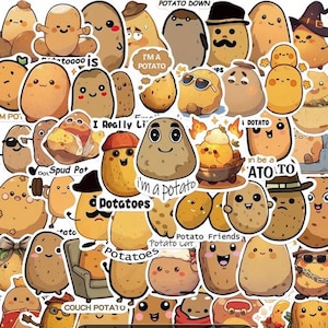 May include: A collection of cartoon potato stickers in various shapes and sizes. Some potatoes wear hats, sunglasses, or have mustaches. Text includes "I'm a potato", "Potatoes", and "Potato Friends".