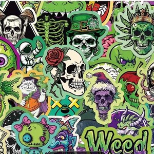 May include: A collection of colorful stickers featuring various designs. The stickers include skulls, a skeleton, a cat, an astronaut, and the word "Weed". The color palette includes green, purple, white, and black.