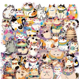 May include: A collection of colorful cat stickers in various poses and designs. The stickers feature cats with different patterns, colors, and expressions, including calico, tabby, and tuxedo cats. Some cats wear accessories like bows and scarves.
