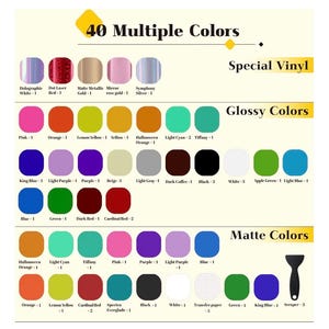 Puede incluir: Imagen que muestra una variedad de colores de vinilo, incluyendo acabados especiales, brillantes y mate. El texto dice "40 M&uacute;ltiples Colores" y enumera varios tonos como rosa, naranja y azul. Tambi&eacute;n se muestra una herramienta raspadora.