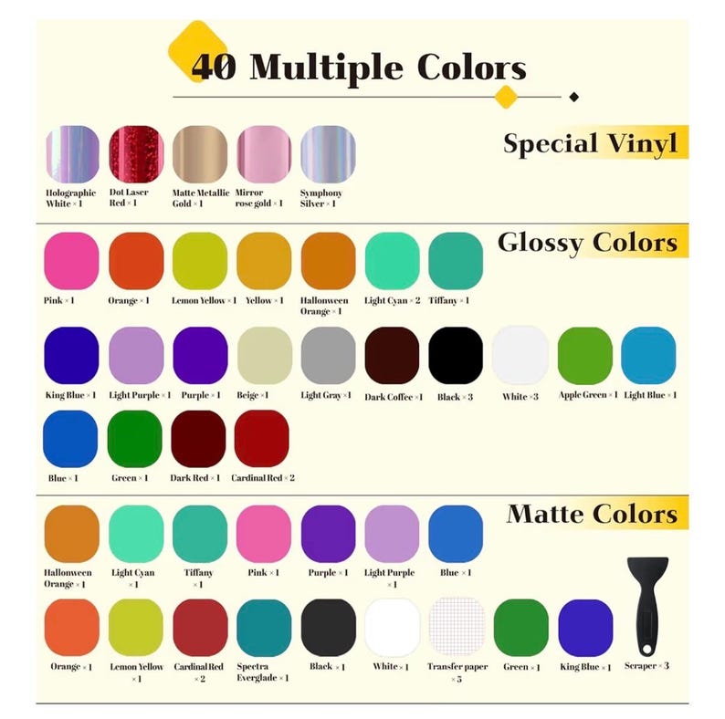 Puede incluir: Imagen que muestra una variedad de colores de vinilo, incluyendo acabados especiales, brillantes y mate. El texto dice "40 M&uacute;ltiples Colores" y enumera varios tonos como rosa, naranja y azul. Tambi&eacute;n se muestra una herramienta raspadora.