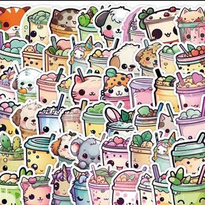 Kawaii Animal Milk Tea Themed Stickers for Water Bottles, Laptop, Luggage, Computer, Skateboard, Party, Decorations, Cute Aesthetics