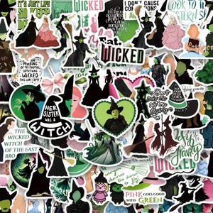 May include: A collection of colorful stickers featuring characters and quotes from the musical "Wicked." The stickers showcase various witches in green and black attire, with phrases like "Wicked" and "Defy Gravity."