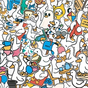 May include: A selection of white duck stickers, each with unique accessories and props. Some ducks are wearing sunglasses, holding ice cream, or sporting moustaches. Other stickers include a ghost, a cat, and a mailbox.