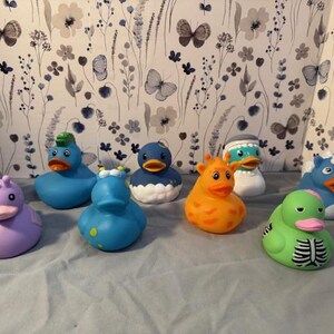 May include: A collection of colorful rubber duck toys, each uniquely designed. The ducks feature various themes, including an elephant, a unicorn, and a giraffe. The background is a floral patterned wallpaper.