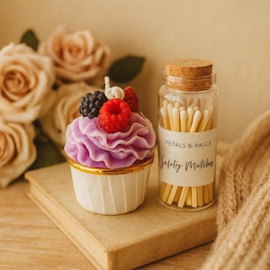 Berry Cupcake Candle and Matches Gift Set |  Realistic Dessert Candle | Cozy Cottagecore Gift