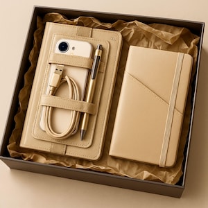 Set de estudio dorado neutro: regalo de papelería para escritores, lectores o estudiantes. Artículos disponibles: cuaderno, bolígrafo y organizador de cables.