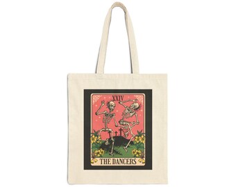 Dance Skeleton Tarot Card Cotton Tote Bag - Gothic Graveyard Vibes, Skeleton Dance Tote, Dance Lover Gift Bag, Goth Tarot Canvas Bag,