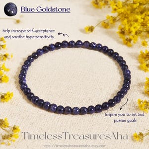 4mm Blue Goldstone Beaded Bracelet | Crystal Sandstone Bead Stretch Bracelet for Stacking | Healing Confidence Strength Bracelet