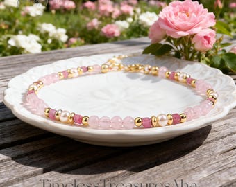 Perle, Rosenquarz & Rosa Turmalin Armband, 14k Vergoldete Schließe