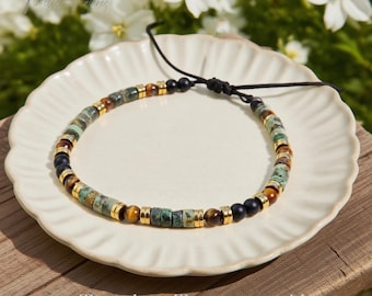 Natural Turquoise, Tiger Eye & Black Onyx Beaded Bracelet - Triple Protection Bracelet Courage and Clarity Bracelet Gift for her/him