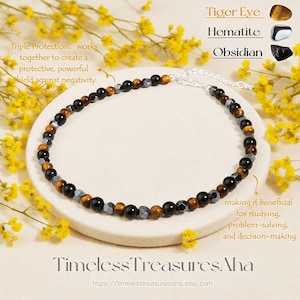 Triple Protection Anklet / Tiger Eye, Hematite, Obsidian Beaded Stone Anklet / Healing Anklet Jewelry / Dainty Women Summer Anklet