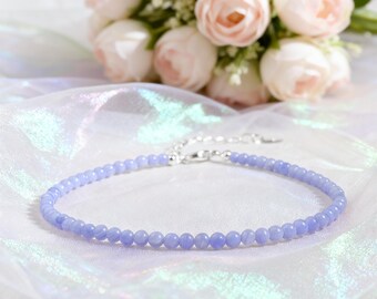 Tobillera de ágata de encaje azul con cuentas redondas de 4 mm / Tobillera de equilibrio curativo / Tobillera de playa de verano minimalista delicada para mujer / Regalo para ella