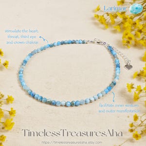 May include: A delicate blue Larimar beaded bracelet with a silver clasp and heart charm. The bracelet is strung with small, round, light blue beads. Text on the image reads "stimulate the heart, throat, third eye and crown chakras" and "facilitate inner wisdom and outer manifestation."