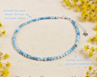 Echtes Larimar Fußkettchen 2 mm Blau Edelstein Perlen Stein / Heilung Glück Fußkettchen / Zierliches Minimalist Frauen Sommer Strand Boho Fußkettchen / Geschenk für sie