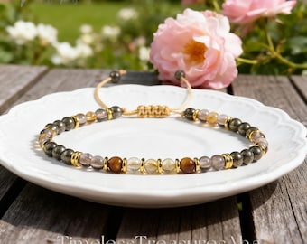 Pulsera de cuentas de citrino natural, cuarzo ahumado, ojo de tigre y pirita: pulsera protectora para atraer la abundancia. Idea de regalo.