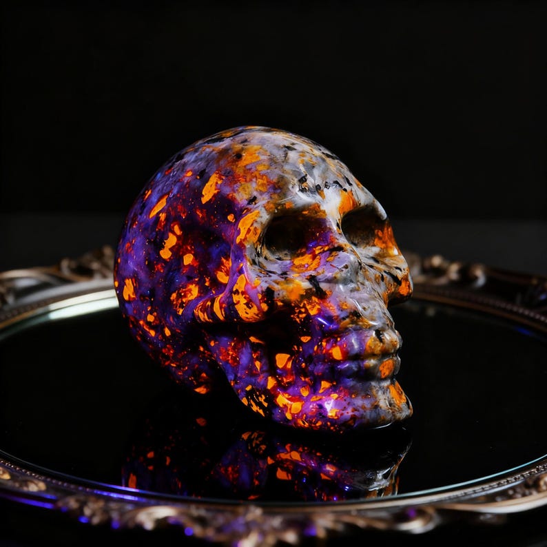 Puede incluir: Una escultura de cr&aacute;neo humano con un patr&oacute;n jaspeado de colores morado intenso, naranja vibrante y negro. La superficie tiene un acabado brillante que refleja la luz sobre los contornos de las cuencas oculares, la cavidad nasal y la mand&iacute;bula.