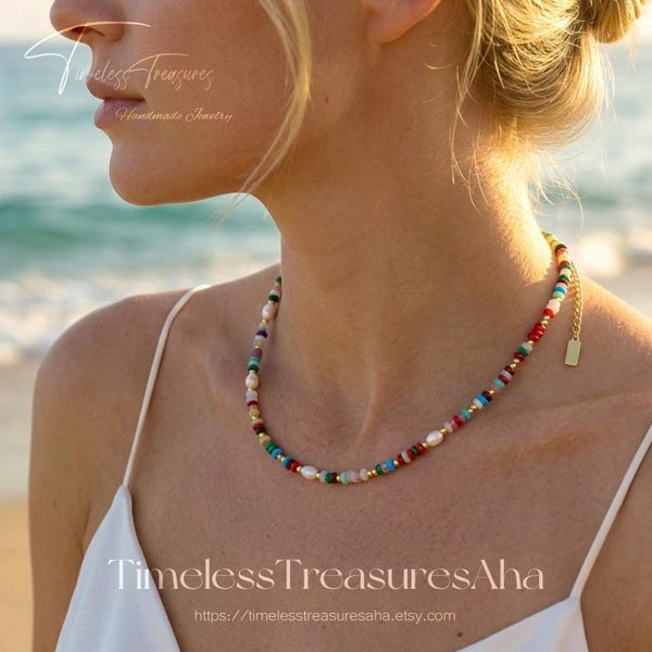 Collar hecho a mano con cuentas de cristal de colores y perlas de agua dulce, gargantilla de piedras preciosas arcoíris, regalo para ella.