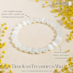 Selenite Cat Eye stone Bracelet | 8mm Crystal Round Beads Stretch Bracelet | Healing Balance Inner Peace Reiki Bracelet | Mother's Day Gift