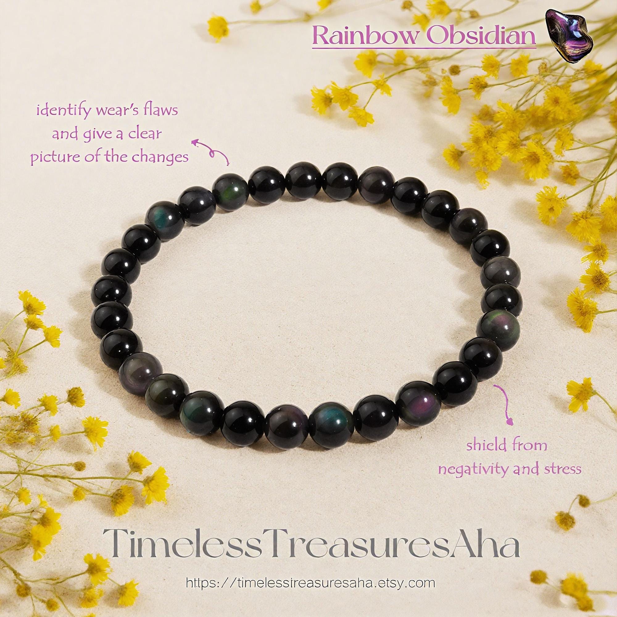 Rainbow Obsidian Bracelet | 5mm Gemstone Beaded Stretch Bracelet for Stacking | Healing Protection Anxiety Relief Bracelet | Gift for her