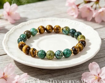 Bracciale con perline di occhio di tigre e turchese africano da 8 mm - Cordino elastico resistente con pietre preziose, gioielli con cristalli curativi