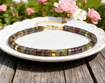 Natural Bloodstone Jasper Bracelet |  Dragon Bloodstone 2x4mm Beads Bracelet | Healing Chakra Gemstone Jewelry Grounding Protection Bracelet