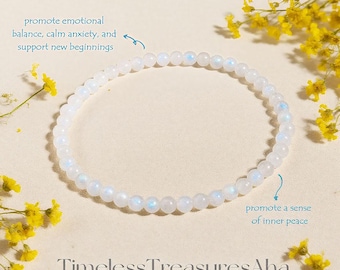 White Moonstone High Blue Flash Crystal Bracelet | 4mm Round Beads Stretch Bracelet for Layering | Healing Spiritual Energy Bracelet