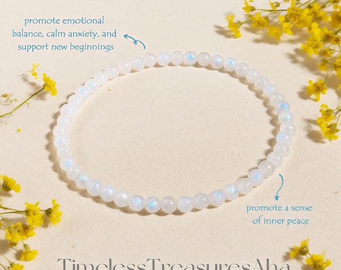 White Moonstone Blue Flash Crystal Bracelet | 4mm Round Beads Stretch Bracelet for Layering | Healing Spiritual Energy Bracelet
