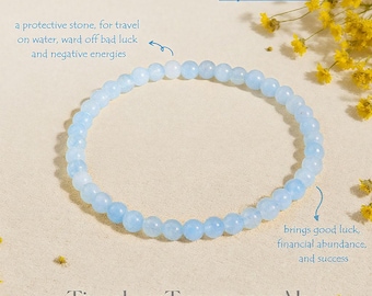Natural Aquamarine 4mm Beaded Bracelet | Blue Crystal Stretch Bracelet for Stacking | Healing Inner Peace Bracelet | Stone of Success