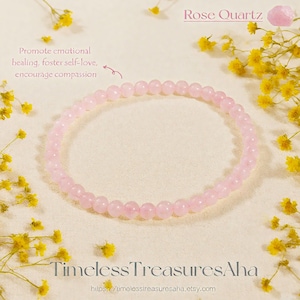 Rose Quartz 4mm Beaded Bracelet | Pink Natural Crystal Stretch Bracelet for Stacking | Healing Self-love Bracelet | Stone of Compassion