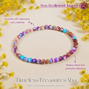 Purple Sea Sediment Jasper Bracelet | 4mm Beads Stretch Stacking Bracelet for Women | Healing Calming Reiki Energy Bracelet