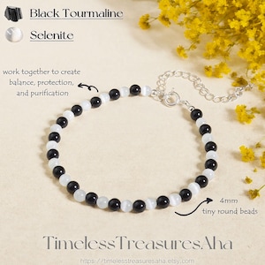 Black Tourmaline & White Selenite Combination Beaded Crystal Bracelet | Healing Balance Protection Bracelet for Women Men | Gift for her