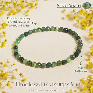 Pulsera de ágata musgosa y ágata verde / Pulsera elástica de piedra de cristal de 4 mm para apilar / Pulsera curativa y calmante para aliviar la ansiedad / Regalo para ella