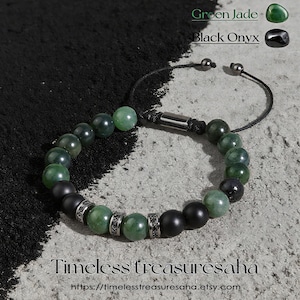 Green Jade & Black Onyx Men's Bracelet | 8mm Crystal Gemstone Beads Adjustable Bracelet for Women Men | Healing Protection Strength Bracelet