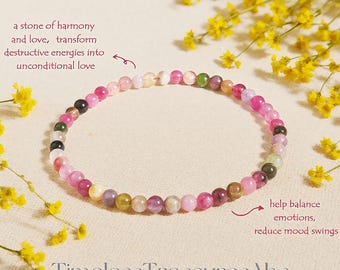 Rainbow Tourmaline Bracelet | 4mm Round Beads Stretch Bracelet for Stacking | Healing Calming Inner Peace Bracelet | Stone of Harmony