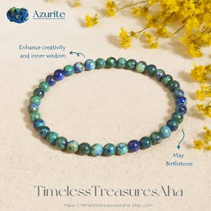 Azurite & Malachite Beaded Bracelet | 4mm Round Crystal Bead Stretch Bracelet for Stacking | Healing Balance Calming Bracelet | Gift for her
