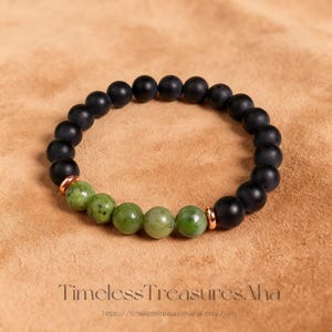 Green Jade & Black Tourmaline Bracelet  | 8mm Beaded Stacking Bracelet | Healing Protection Balance Calming Crystal Bracelet