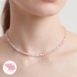 Rose Quartz Choker Necklace / 2mm Tiny Beads Crystal Stunning Necklace for Women / Dainty Layering Necklace / Gift for her / 15in Length