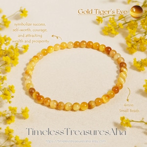 Golden Tiger Eye Bracelet | 4mm Gold Tiger Eye Stretch Bracelet for Stacking | Healing Protection Anxiety Relief Courage Bracelet