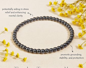 Hämatit Armband / 4 mm runde Perlen Stretch Armband zum Stapeln / Heilung Beruhigendes Gleichgewicht Armband / Stein des Schutzes