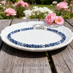 Sapphire Beaded Bracelet | Dianty 2mm Crystal, Sterling Silver Clasp, September Birthstone, Gift for her
