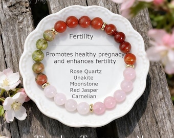 Pulsera de cristales de fertilidad, cuarzo rosa, unakita, piedra lunar, jaspe rojo y cornalina.