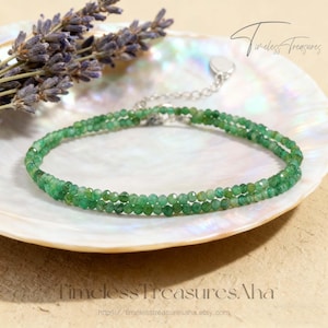 Green Emerald Minimalist Choker Necklace / 2mm Faceted Subtle Beads Crystal Gemstone Stunning Necklace for Women / Gift for her