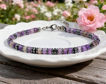 Natural Amethyst & Hematite Bracelet | Healing Calming inner Peace Protection Bracelet, Great Gift For Men Women