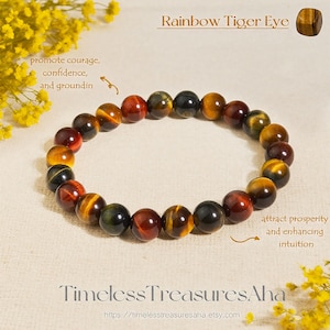 Rainbow Tiger Eye Women Bracelet | 8mm Crystal Beads Stretch Bracelet for Stacking | Healing Protection Strength Inner Peace Bracelet