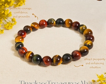 Pulsera de ojo de tigre arcoíris para mujer / Pulsera elástica de cuentas de cristal de 8 mm para apilar / Pulsera de protección curativa, fuerza y paz interior