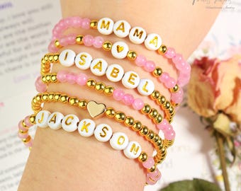 Personalized Bracelet Gift, Kids Name Bracelet, Stacking Mama Bracelet, Custom Name Beaded Rose Quartz Bracelet, Crystal Women Pink Bracelet