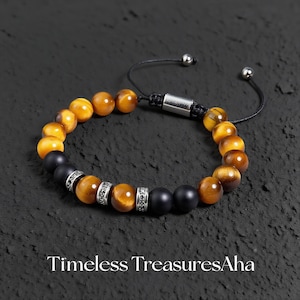 Tiger&#39;s Eye Men&#39;s Bracelet | 8mm Matte Black Onyx Crystal Beads Adjustable Bracelet for Men | Healing Spiritual Protection Powerful Bracelet