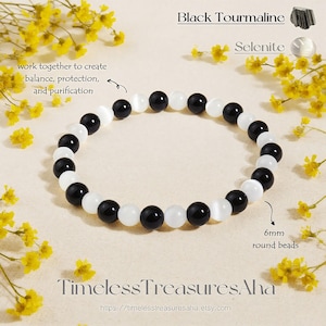 Black Tourmaline and Selenite Beaded Bracelet / 6mm Round Beads Stretch Bracelet for Stacking / Healing Protection Bracelet / Gift for her