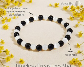 Black Tourmaline and Selenite Beaded Bracelet / 6mm Round Beads Stretch Bracelet for Stacking / Healing Protection Bracelet / Gift for her